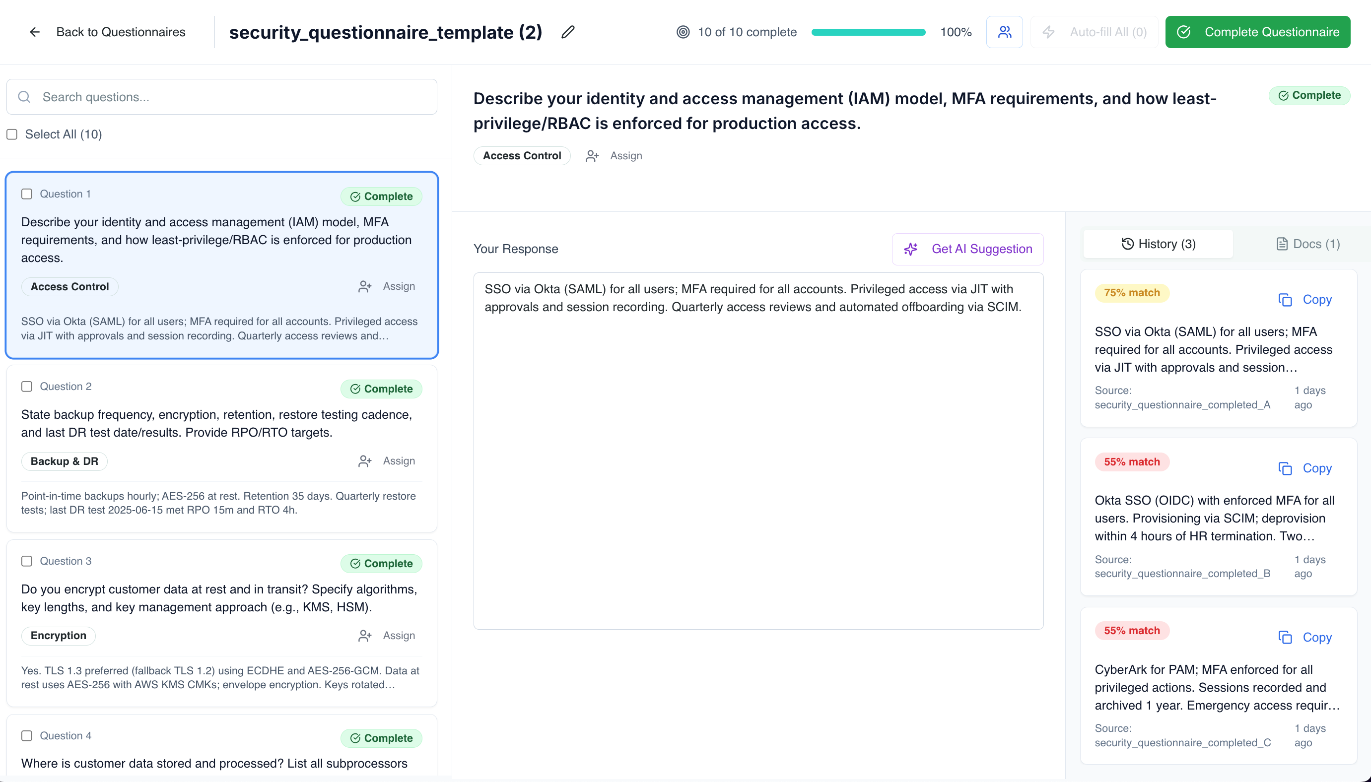 RFI Know answer interface with AI suggestions, confidence scores and sources