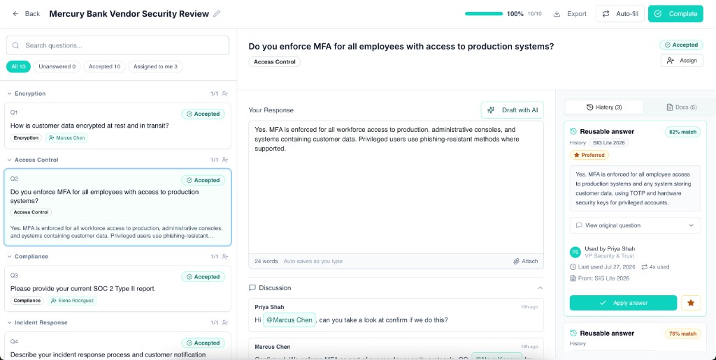 RFI Know answer interface with Auto-fill, Draft with AI, history matches, and team discussion